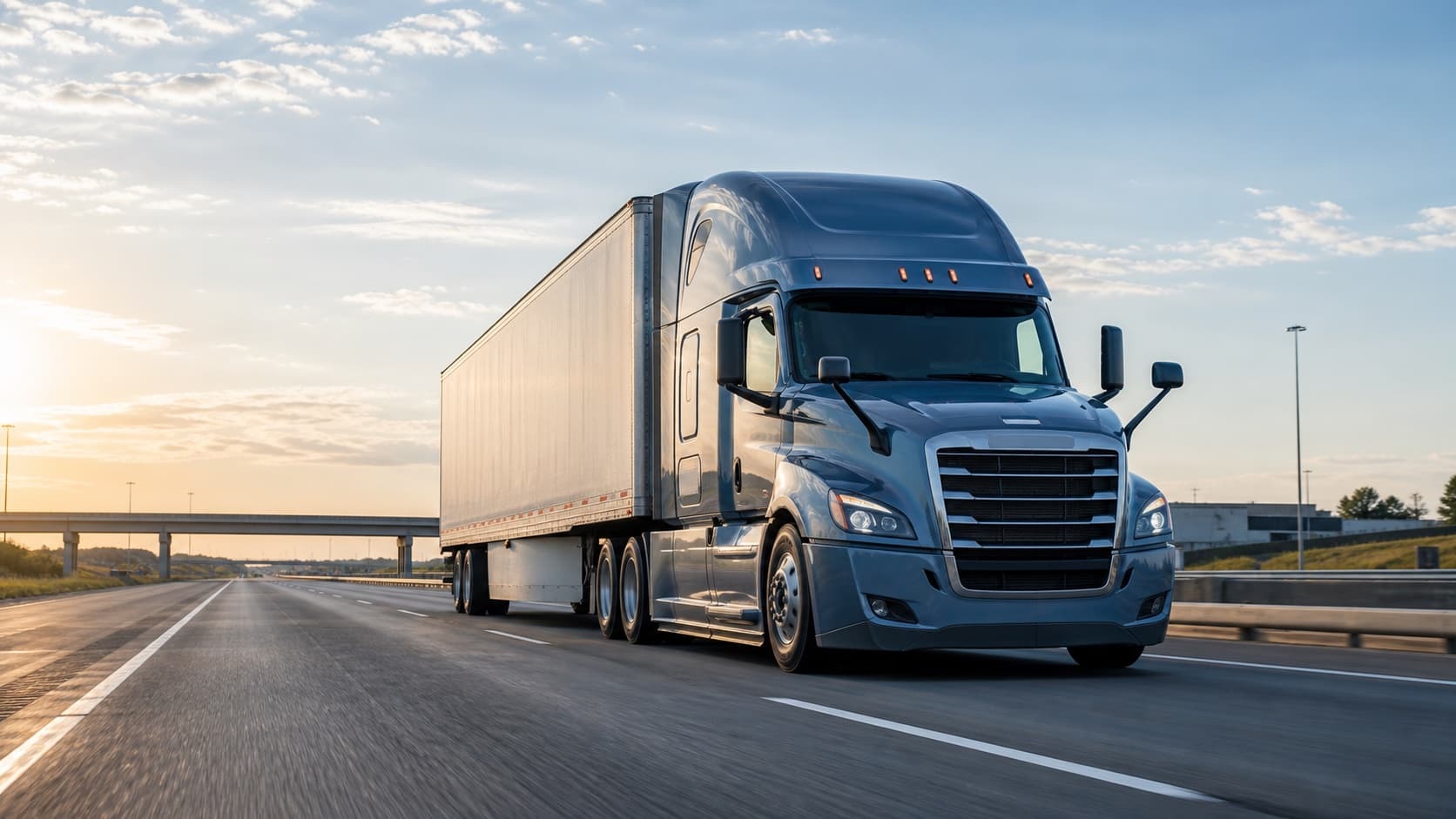 Modern semi truck hauling freight on an open interstate